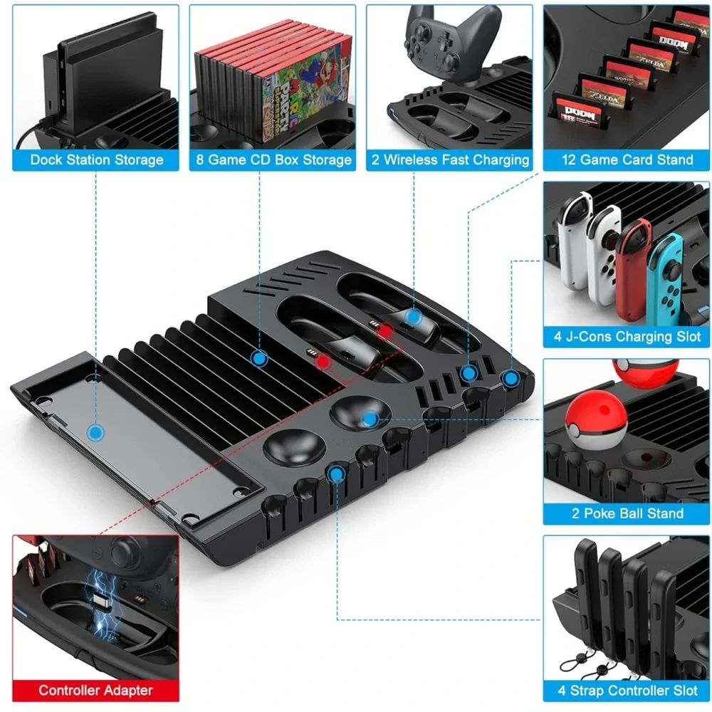 KJH Switch Accessories Organizer Station Controller/J-Cons Charger Games Storage